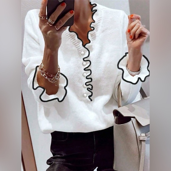 Stylish Contrasting Fungus Trimmed Pearl Button Sweater - Picture 1 of 4